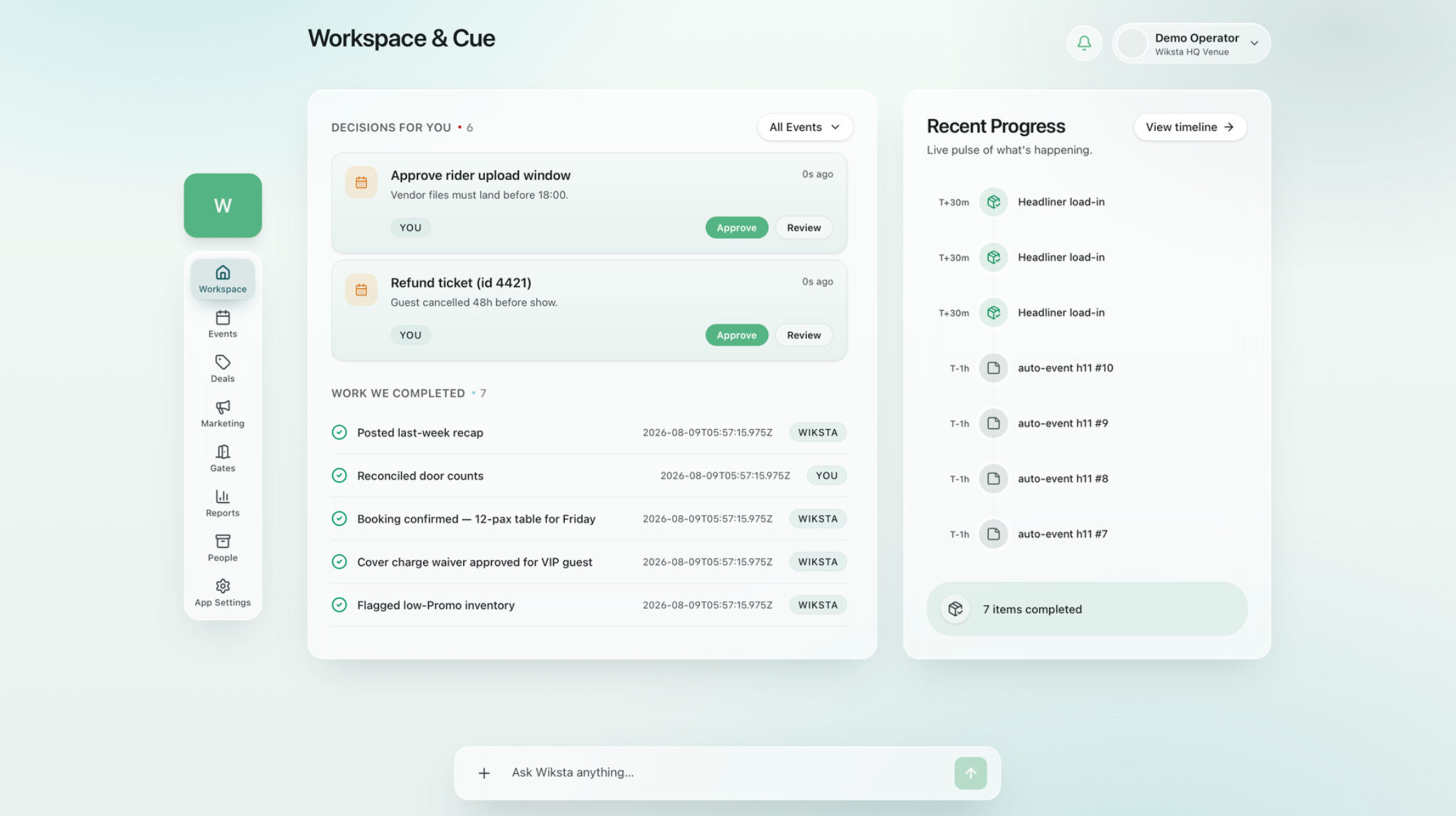 Wiksta Workspace and Cue dashboard